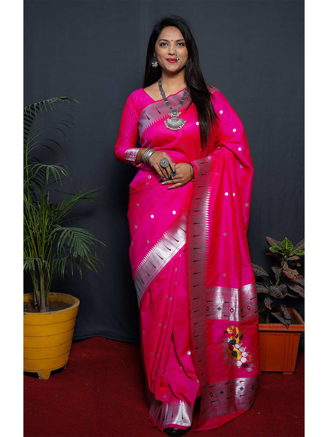 

Anaita Polka Dot Woven Design Zari Pure Silk Paithani Saree, Pink