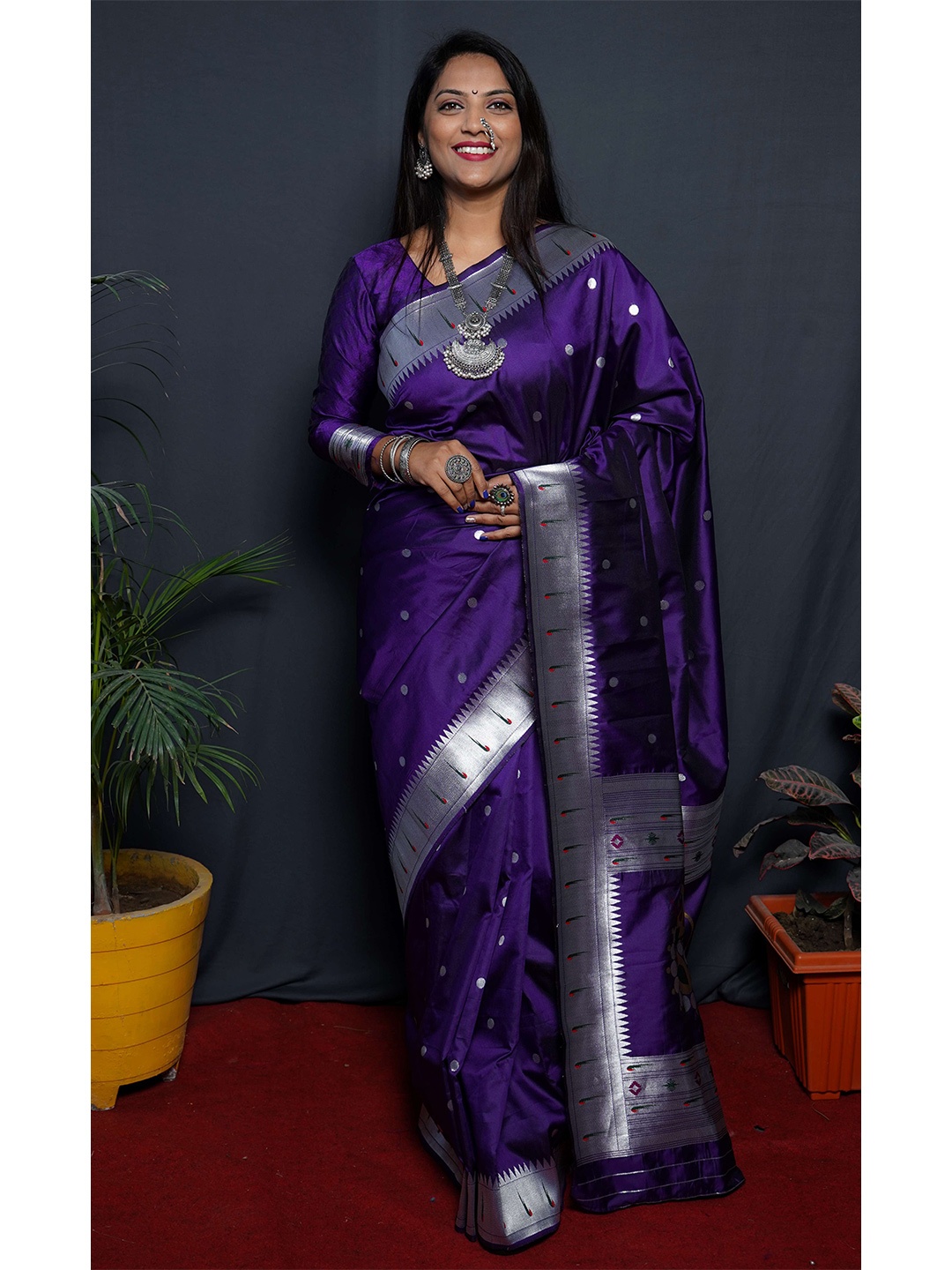 

Anaita Polka Dot Woven Design Zari Pure Silk Paithani Saree, Purple