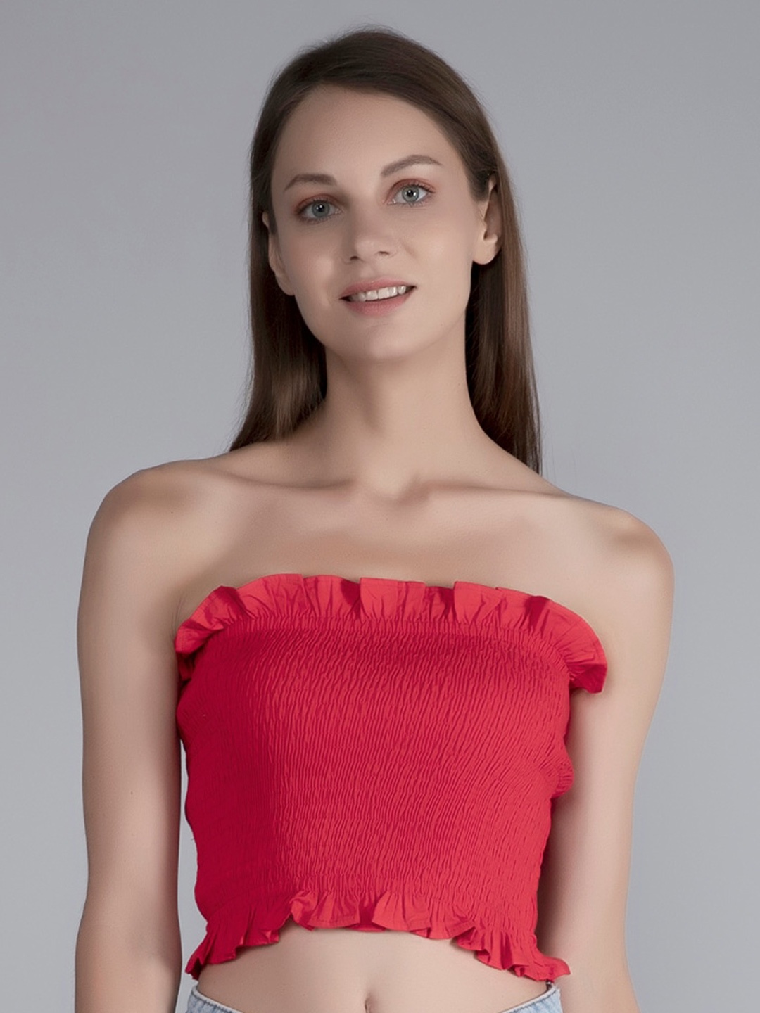 

FINSBURY LONDON Off-Shoulder Smocked Cotton Tube Crop Top, Red