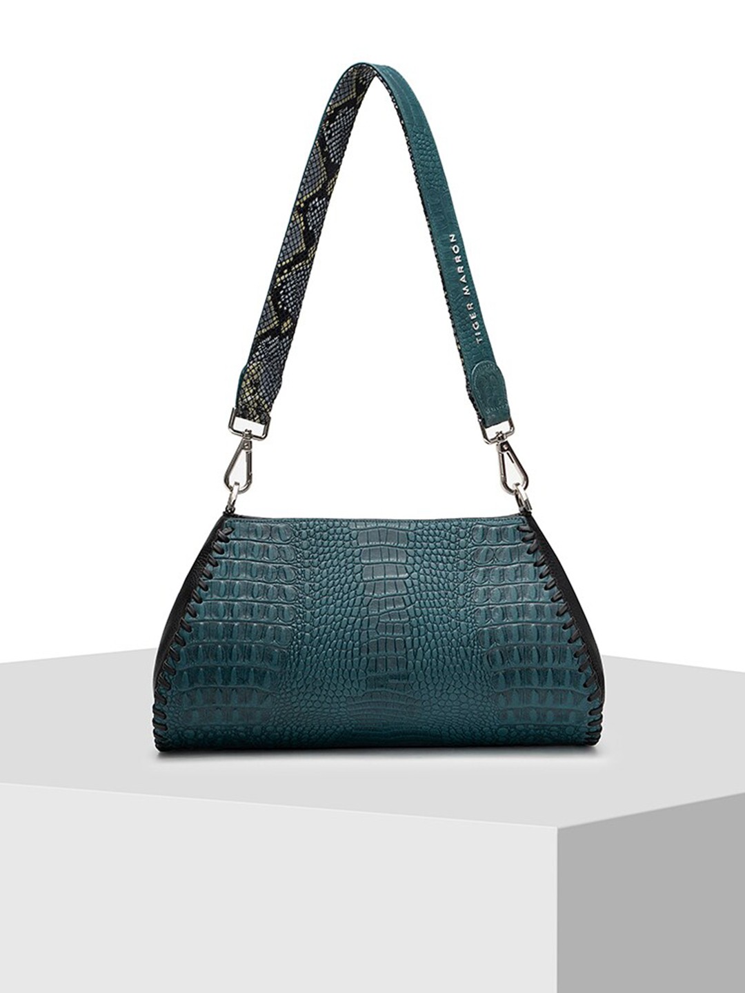 

TIGER MARRON Textured Leather Structured Handheld Bag, Teal