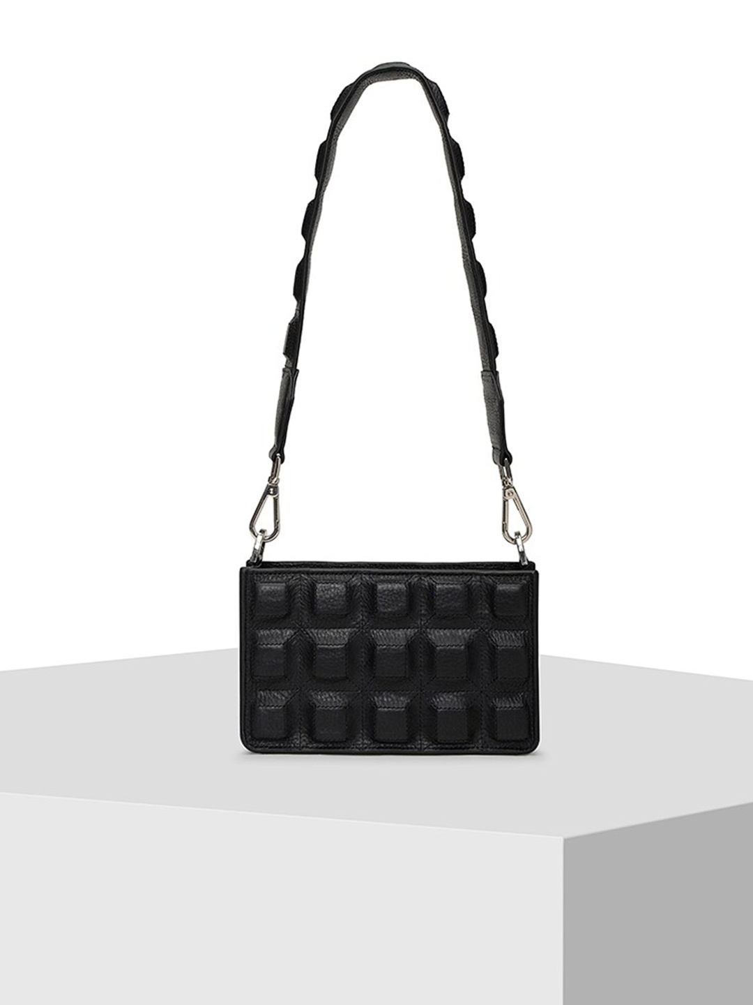 

TIGER MARRON Geometric Textured Leather Structured Sling Bag, Black