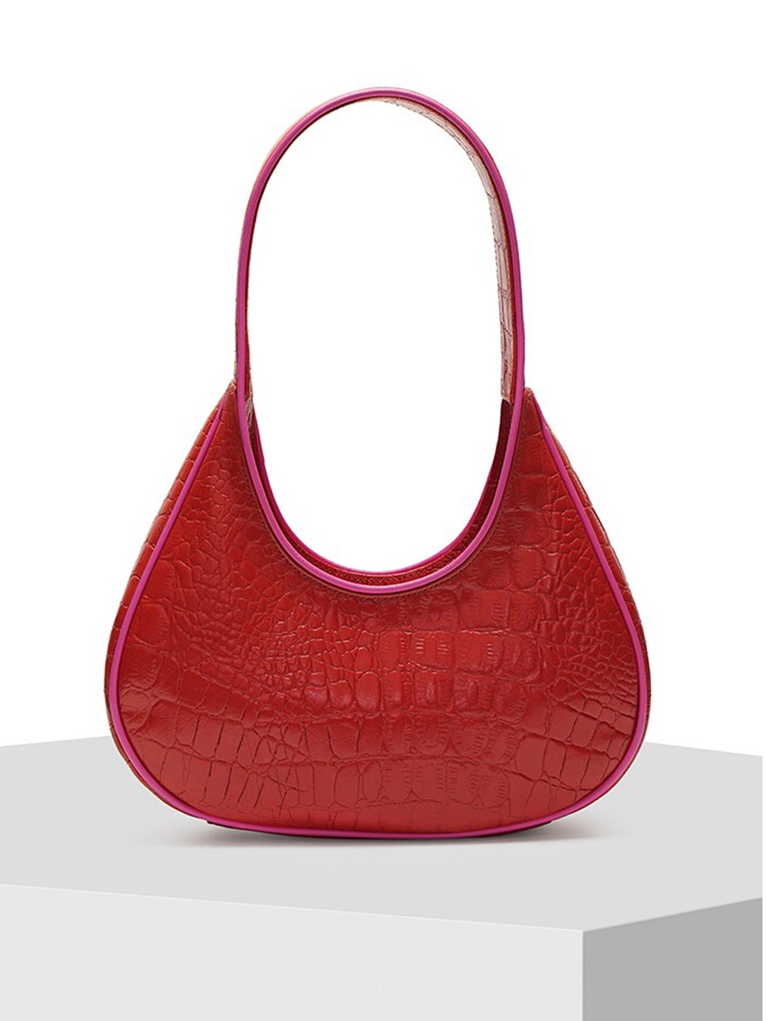

TIGER MARRON Textured Leather Half Moon Hobo Bag, Red