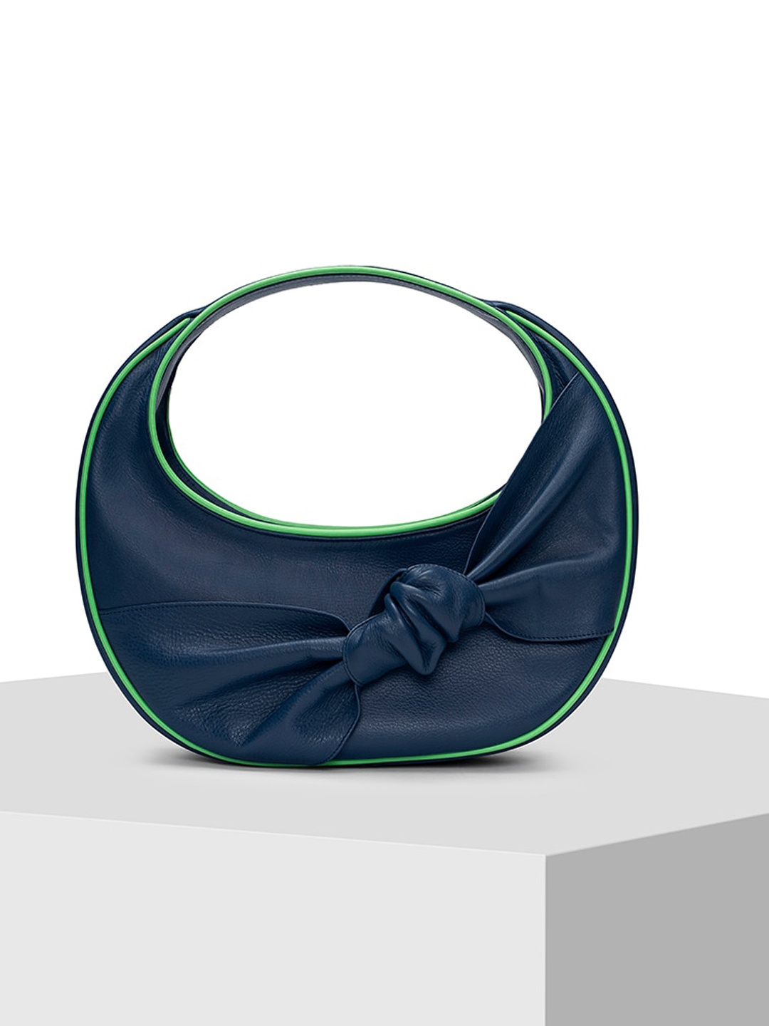 

TIGER MARRON Textured Bow Detail Leather Hobo Bag, Navy blue