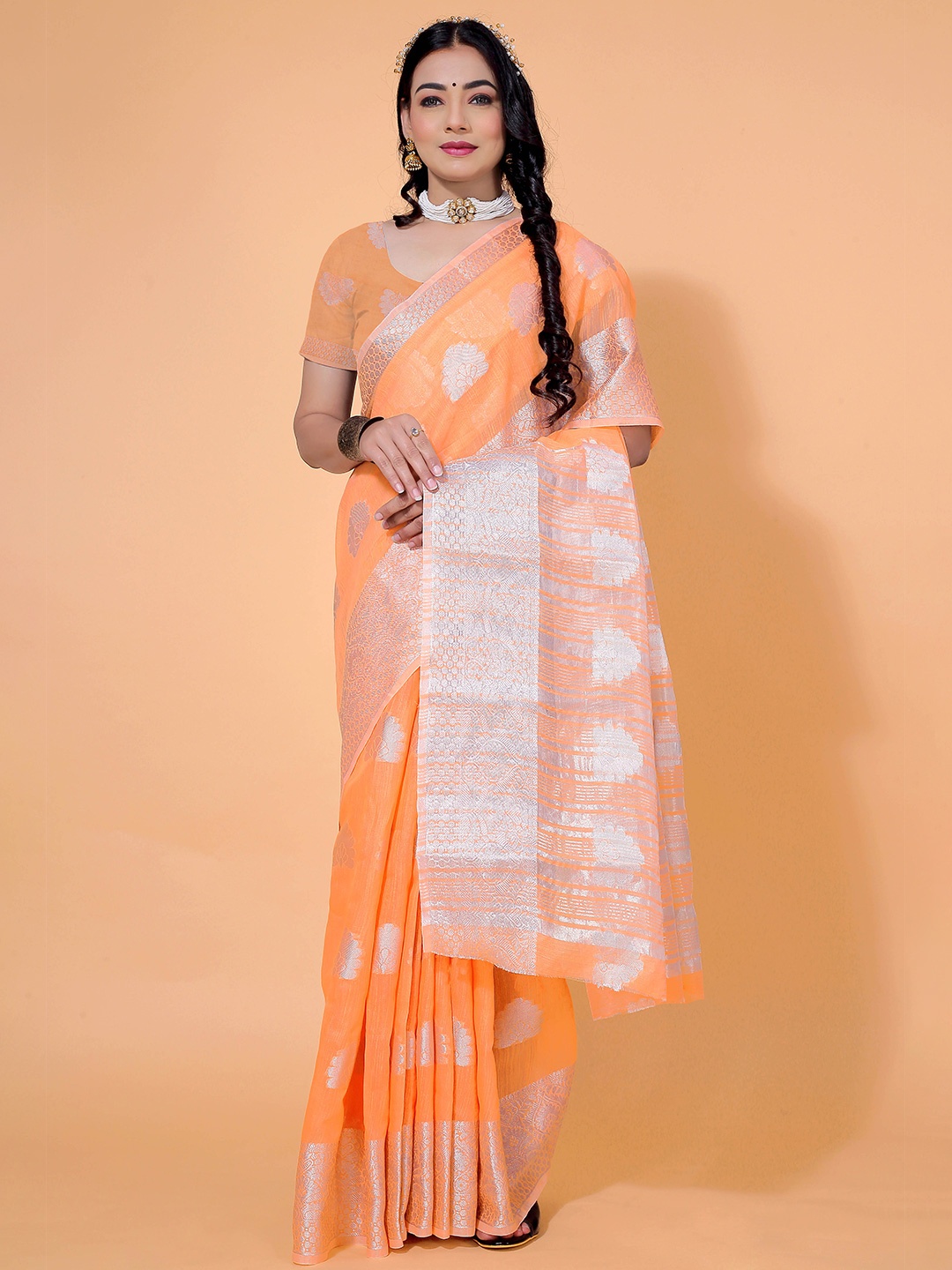 

SHAIBO SAREE Floral Woven Design Zari Saree, Orange