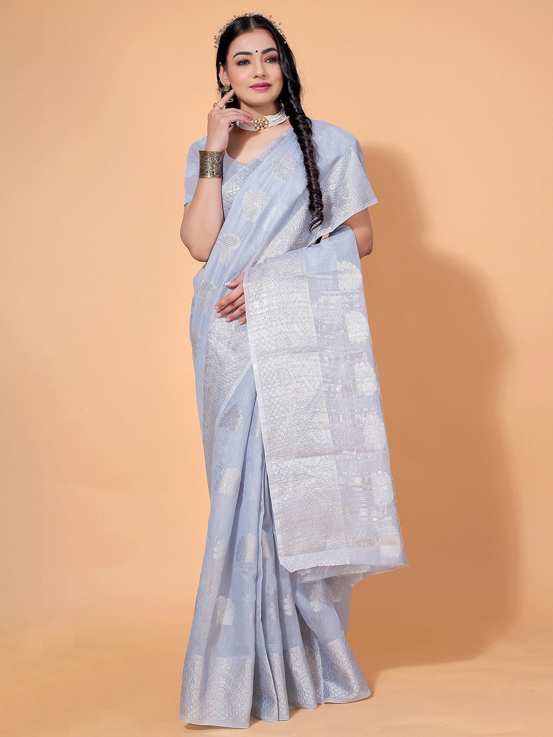 

SHAIBO SAREE Floral Woven Design Zari Saree, Grey