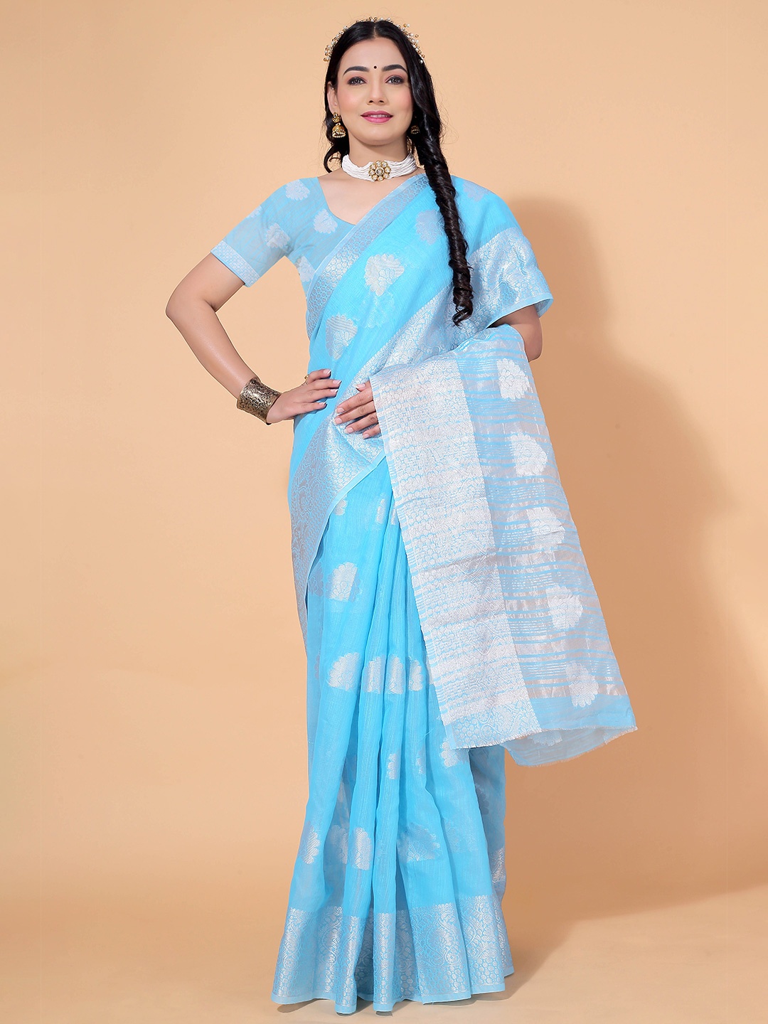 

SHAIBO SAREE Floral Woven Design Zari Saree, Blue