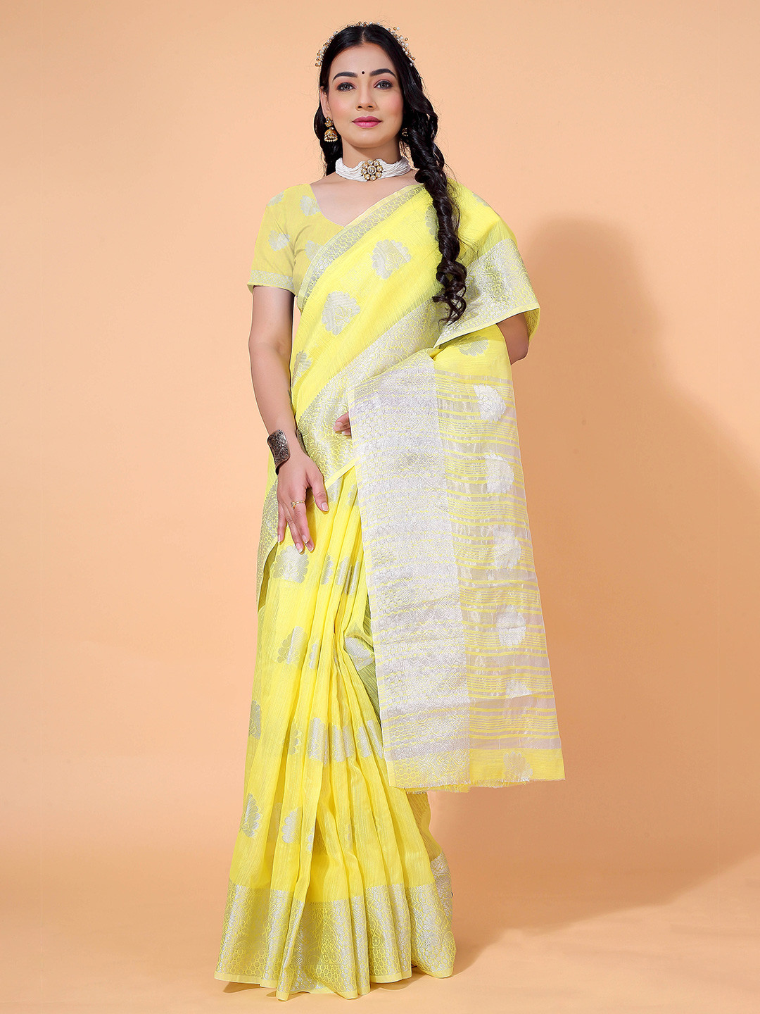 

SHAIBO SAREE Floral Woven Design Zari Saree, Yellow