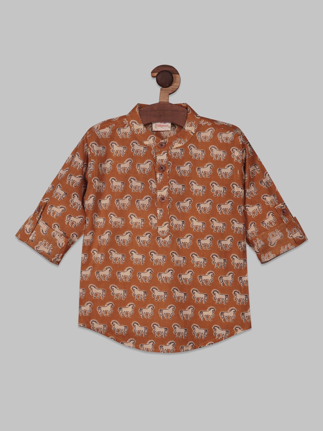 

RIKIDOOS Boys Conversational Printed Roll-Up Sleeves Cotton Shirt, Rust