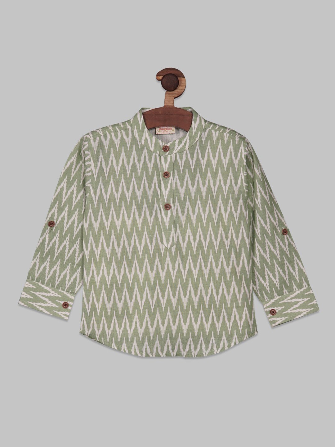 

RIKIDOOS Boys Chevron Printed Mandarin Collar Cotton Shirt, Green