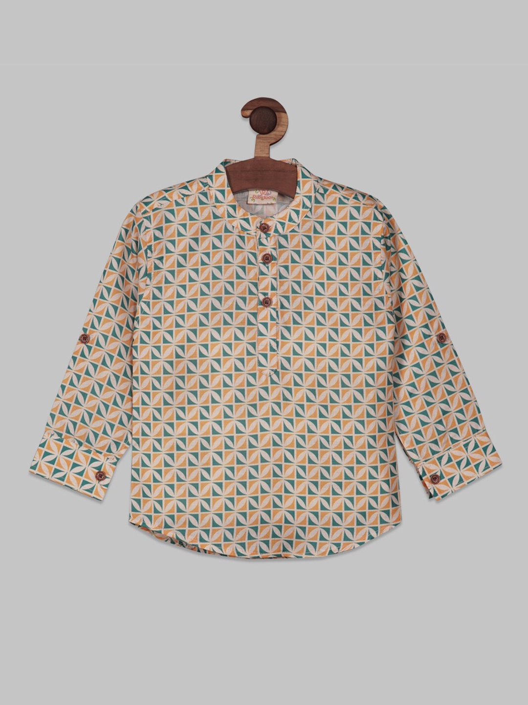 

RIKIDOOS Boys Geometric Printed Mandarin Collar Cotton Shirt, Green