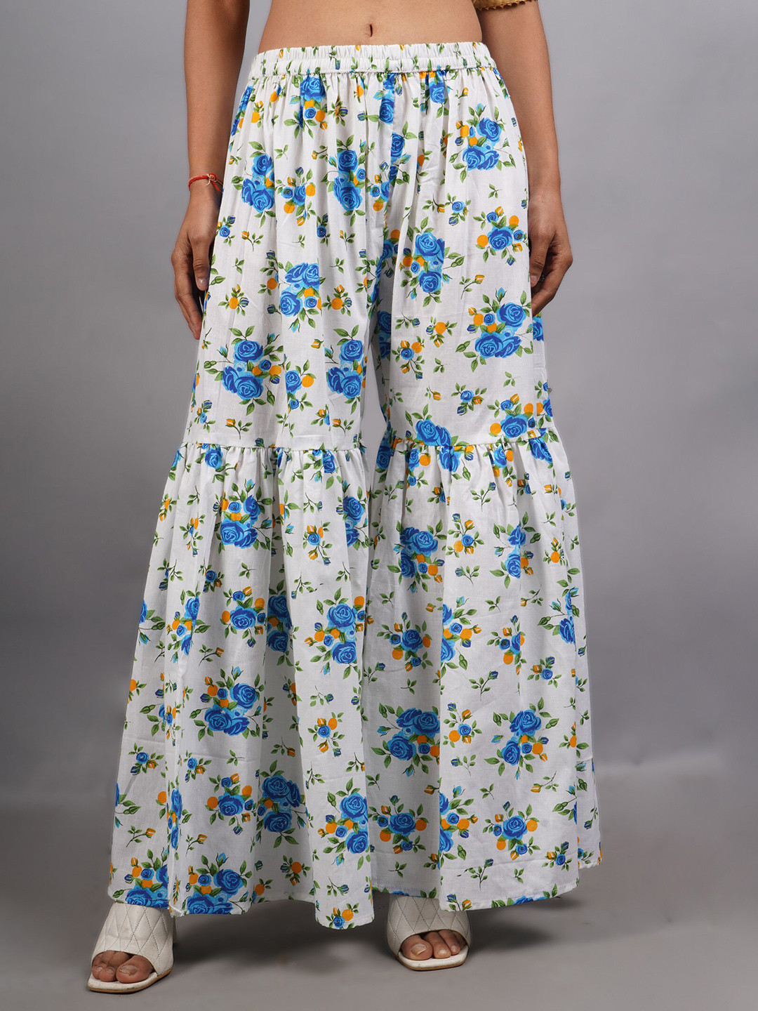 

Trendzmy Women Floral Printed Flared Knitted Cotton Palazzos, Blue