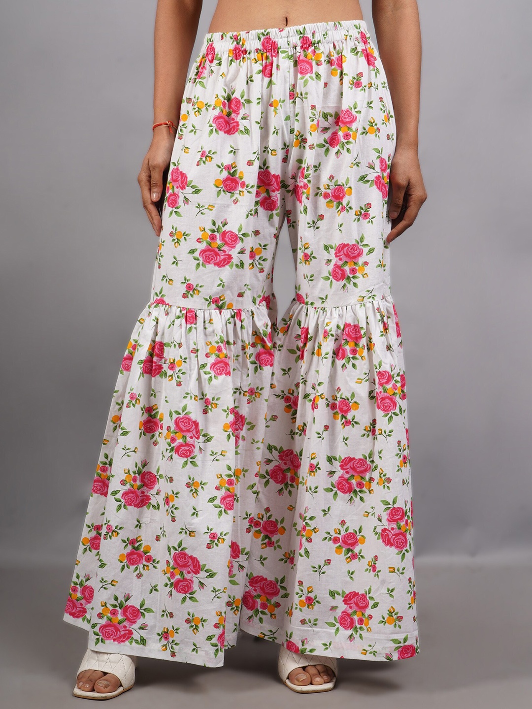 

Trendzmy Women Floral Printed Flared Knitted Cotton Palazzos, White
