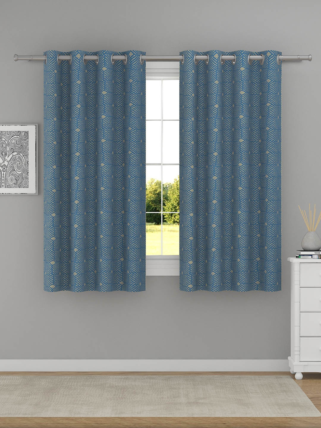 

Raymond Home Navy Blue & Green 2 Pcs Geometric Window Curtains