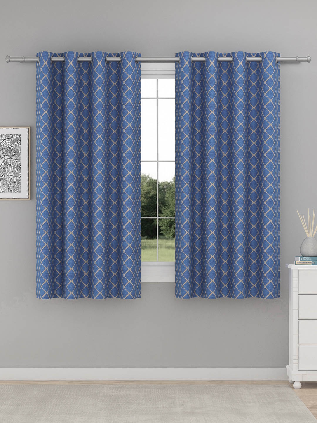 

Raymond Home Blue & Beige 2 Pieces Geometric Printed Window Curtains