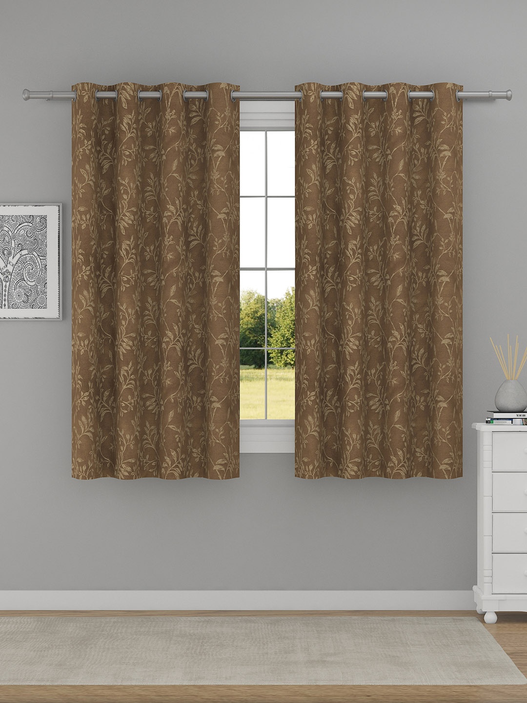 

Raymond Home Brown & Beige 2 Pieces Floral Printed Window Curtains