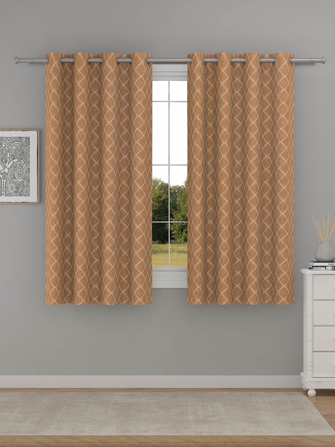 

Raymond Home Brown & Cream 2 Pieces Geometric Printed Window Curtains