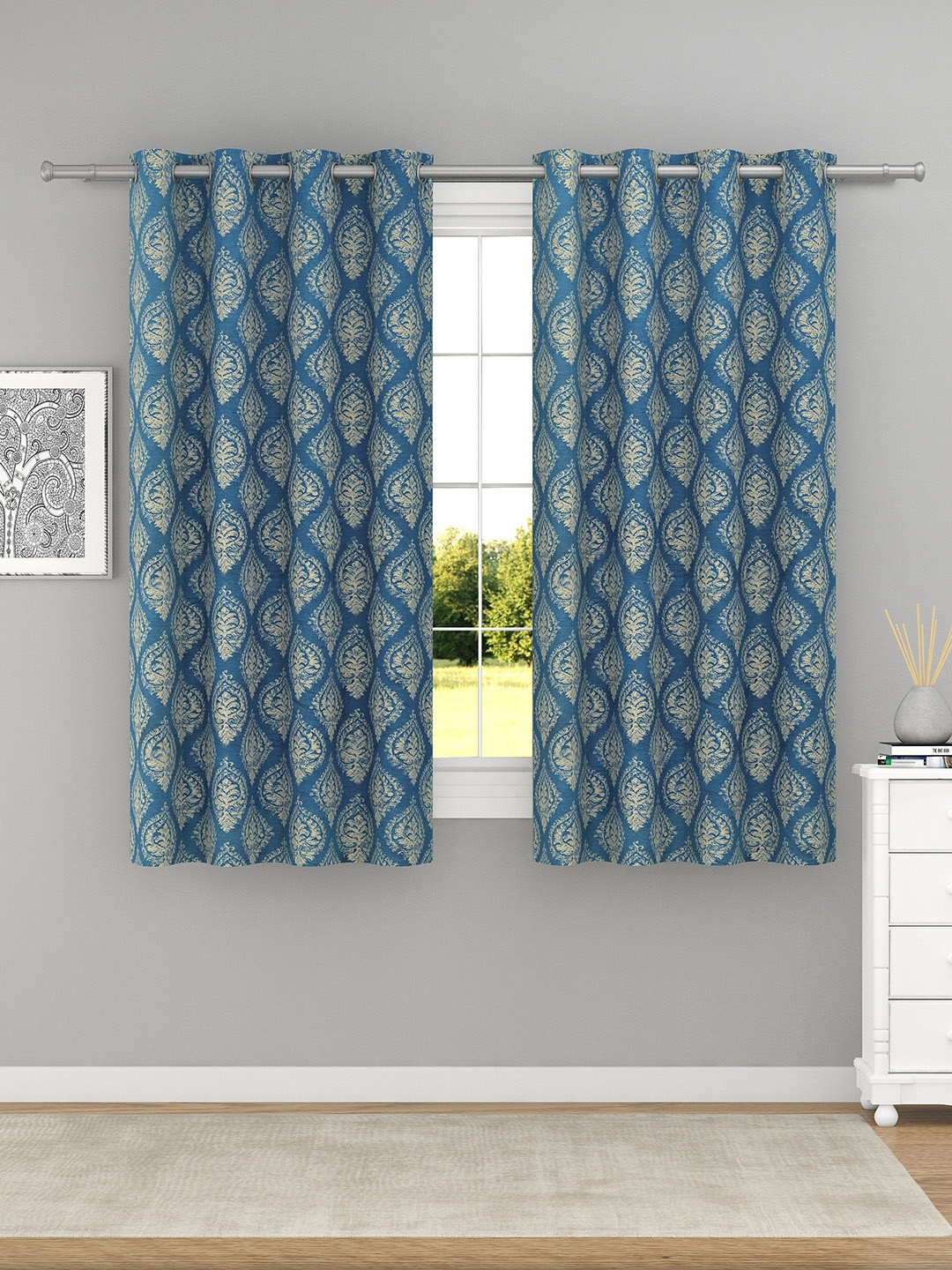 

Raymond Home Blue & Beige 2 Pieces Ethnic Motifs Printed Window Curtains, Navy blue