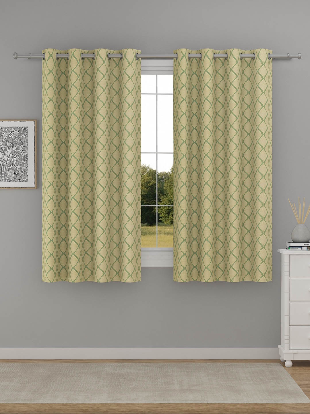 

Raymond Home Sea Green & Beige 2 Pieces Geometric Printed Window Curtains