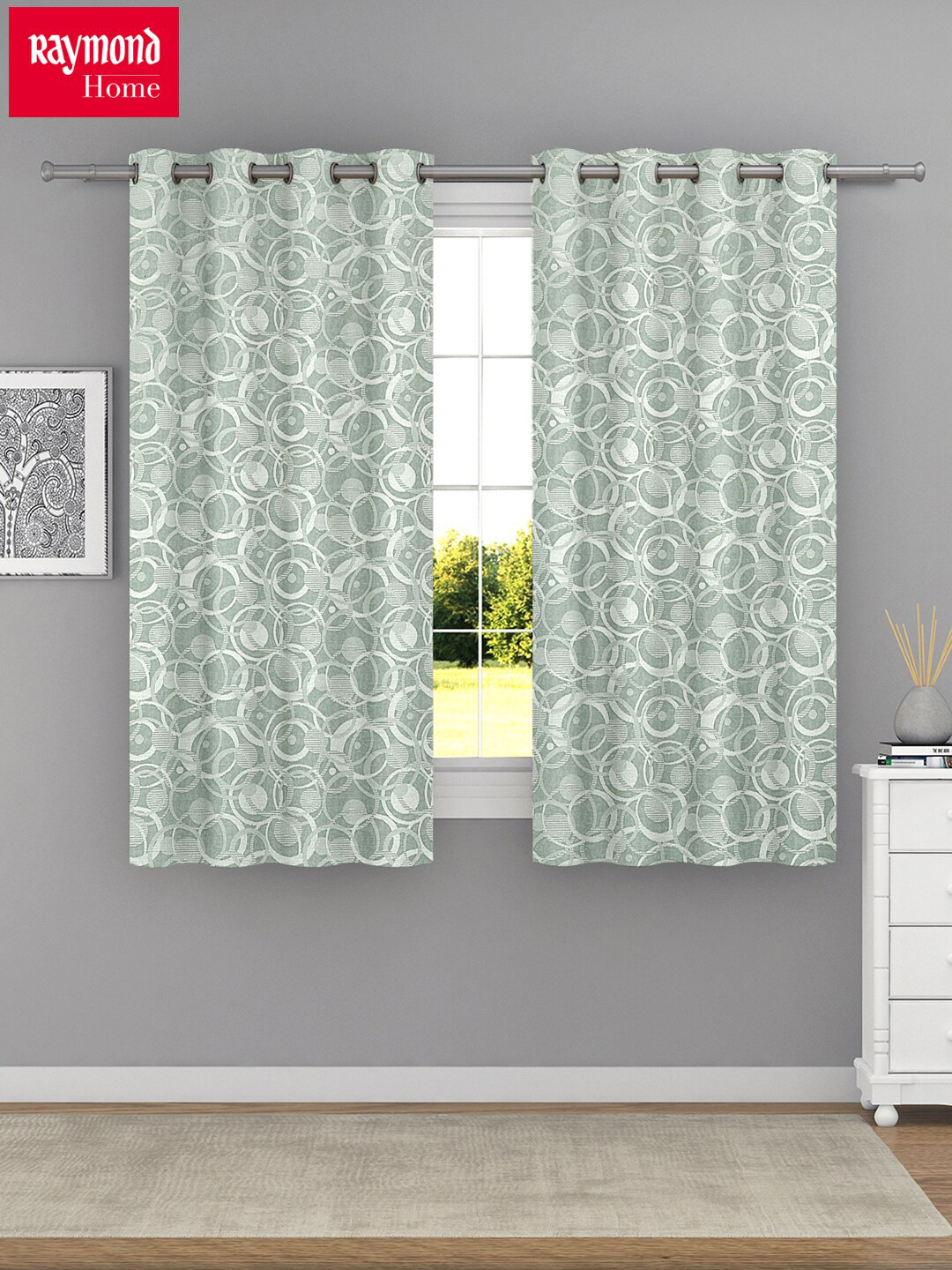 

Raymond Home Green & White 2 Pcs Geometric Window Curtains