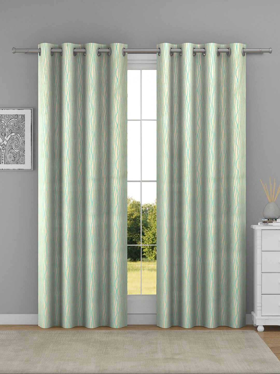 

Raymond Home Green & Blue 2 Pcs Striped Woven Design Door Curtains, Beige