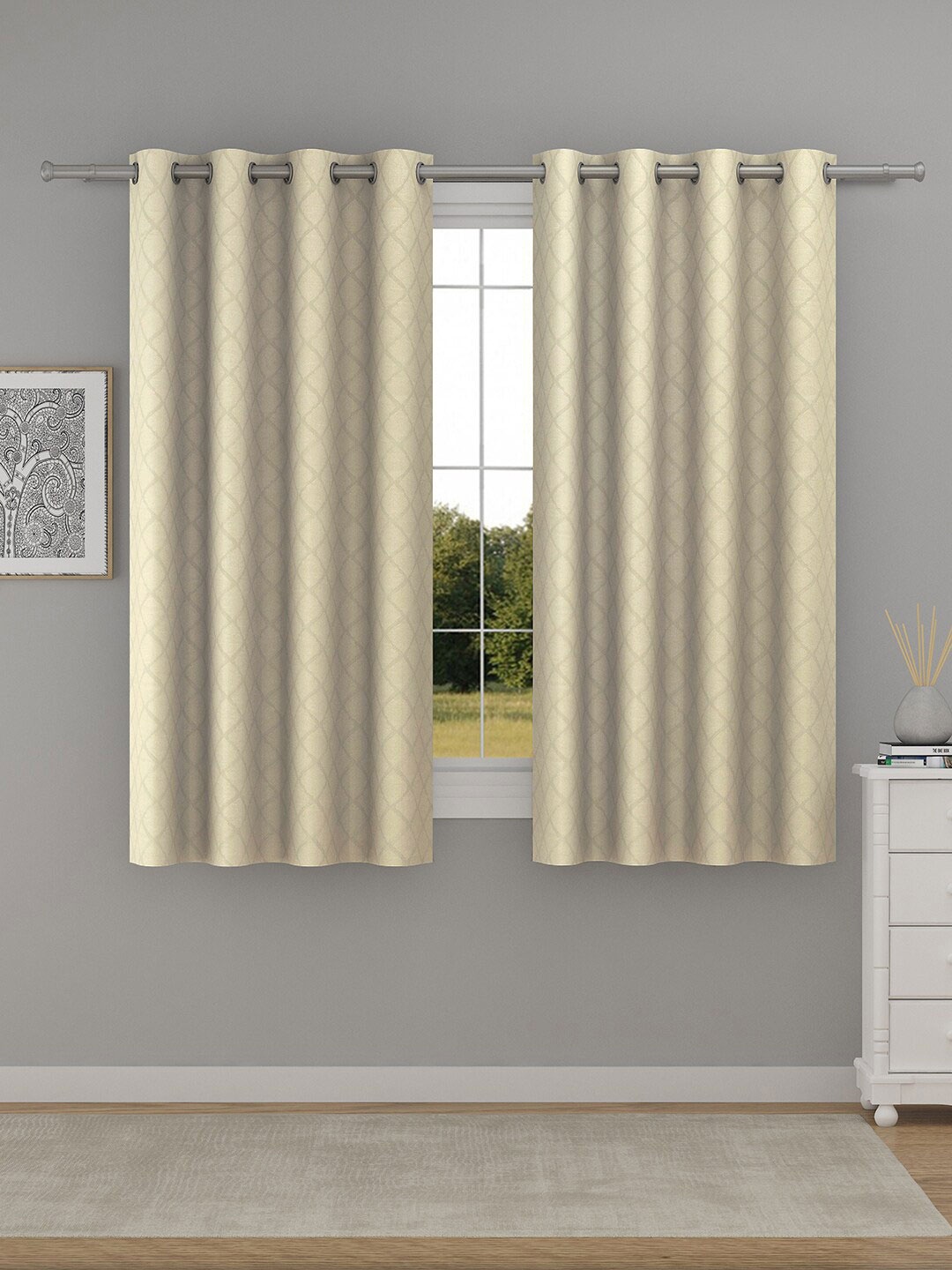 

Raymond Home Beige 2 Pcs Geometric Woven Design Window Curtains