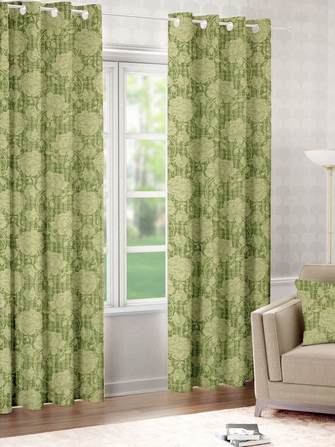 Raymond Home Green 2 Pcs Floral Woven Design Door Curtains