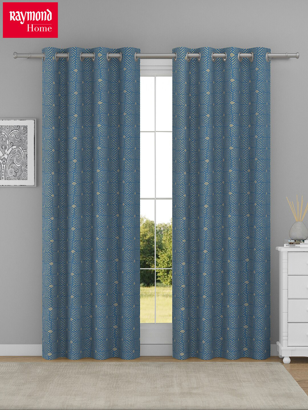 

Raymond Home Navy Blue & Green 2 Pcs Geometric Woven Design Door Curtains