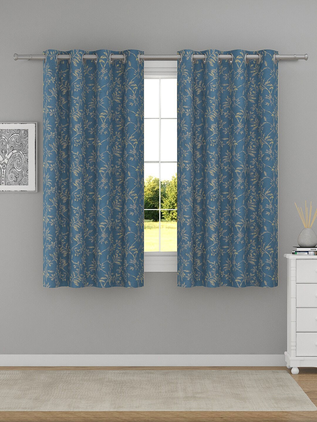 

Raymond Home Navy Blue & Yellow 2 Pcs Floral Woven Design Window Curtains