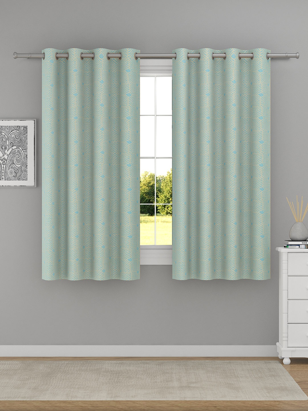 

Raymond Home Blue 2 Pcs Geometric Window Curtains, Sea green