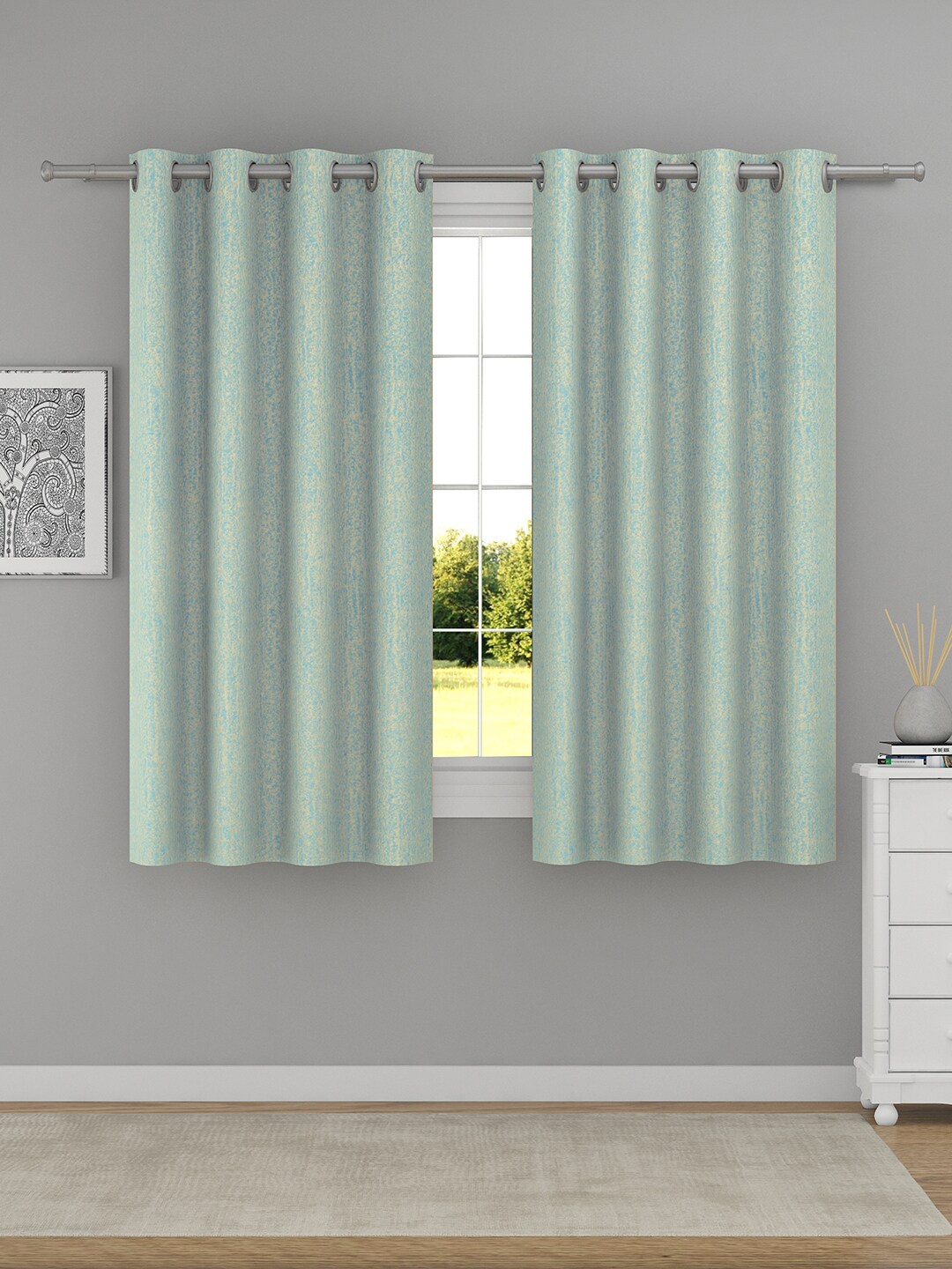 

Raymond Home Green & Silver-Toned 2 Pcs Abstract Window Curtains, Sea green
