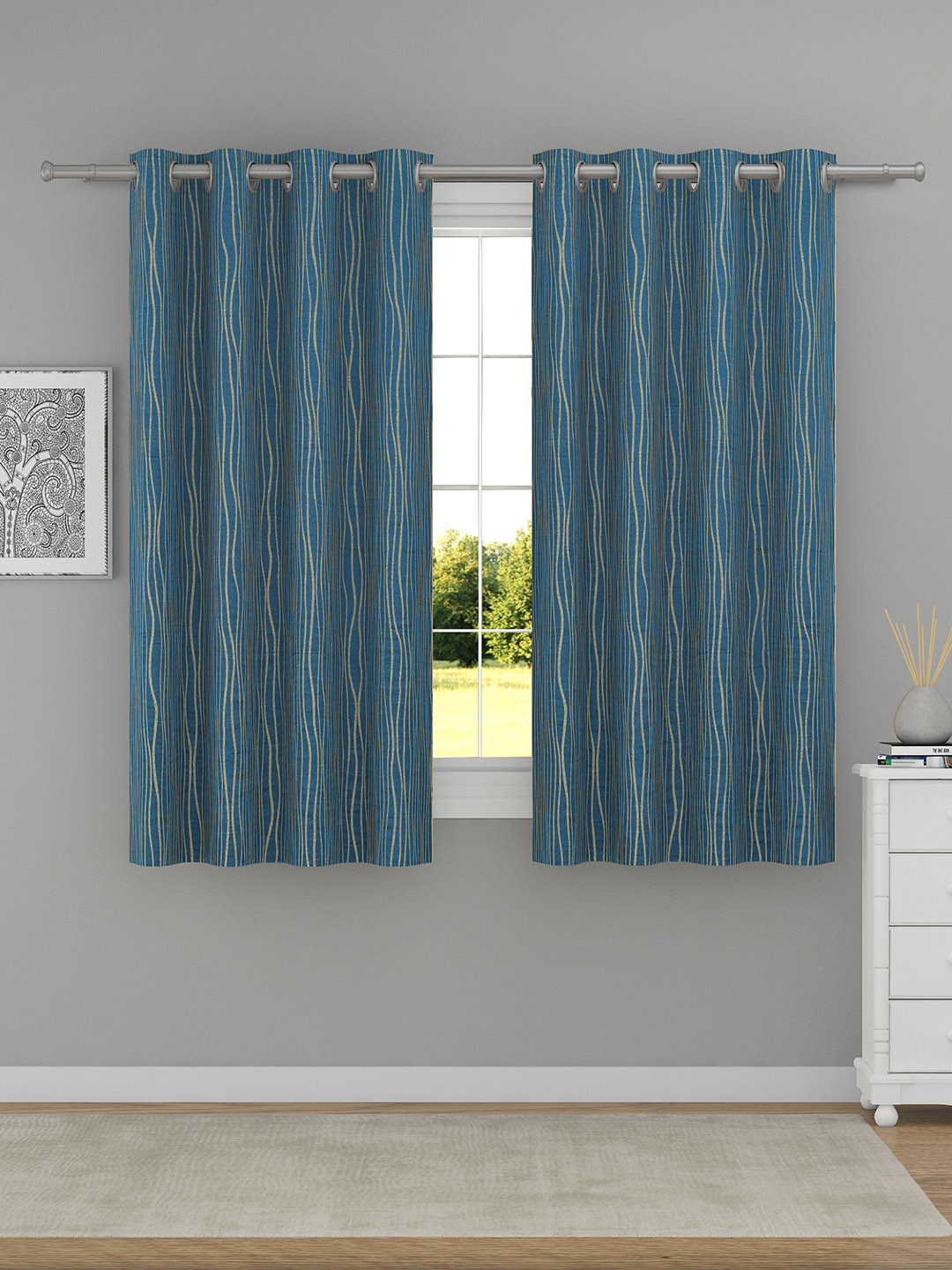 

Raymond Home Navy Blue & Beige 2 Pcs Striped Window Curtains