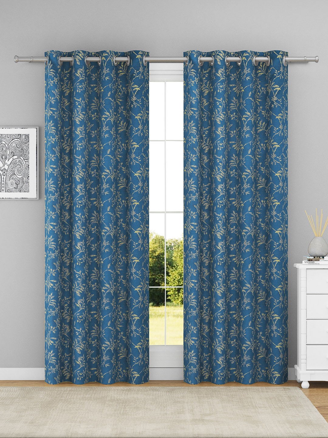 

Raymond Home Navy Blue & Beige 2 Pcs Floral Woven Design Door Curtains