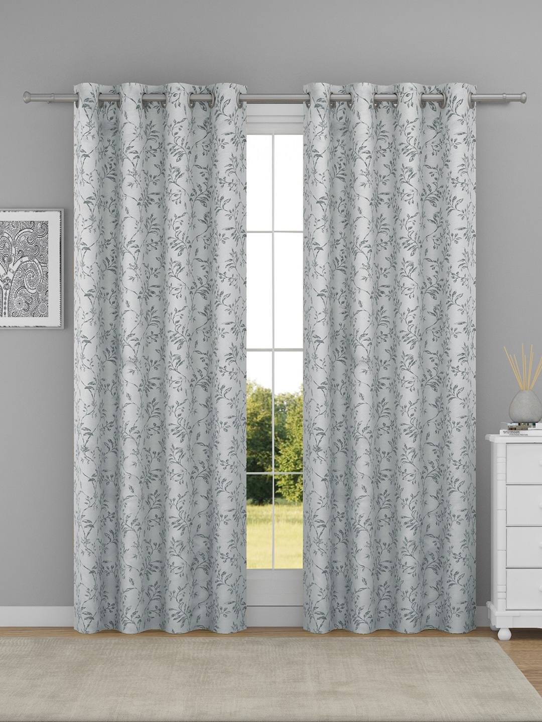 

Raymond Home Grey & Silver-Toned 2 Pcs Floral Woven Design Door Curtains