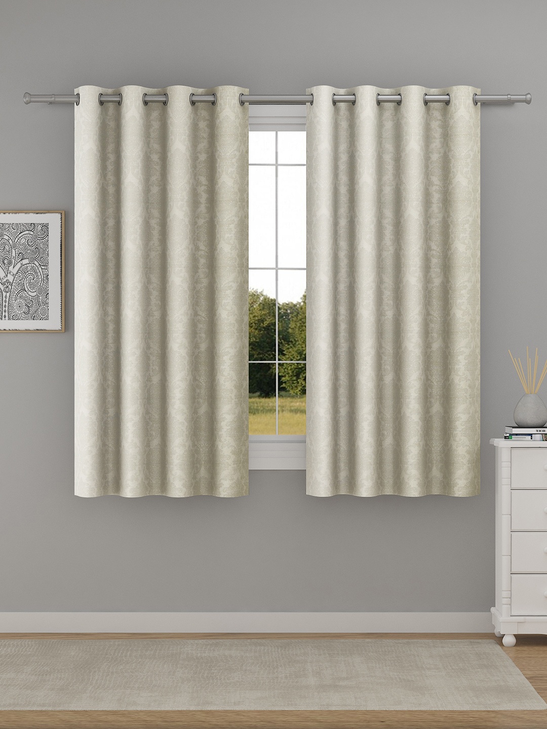 

Raymond Home Beige & Silver-Toned 2 Pcs Ethnic Motifs Woven Design Window Curtains