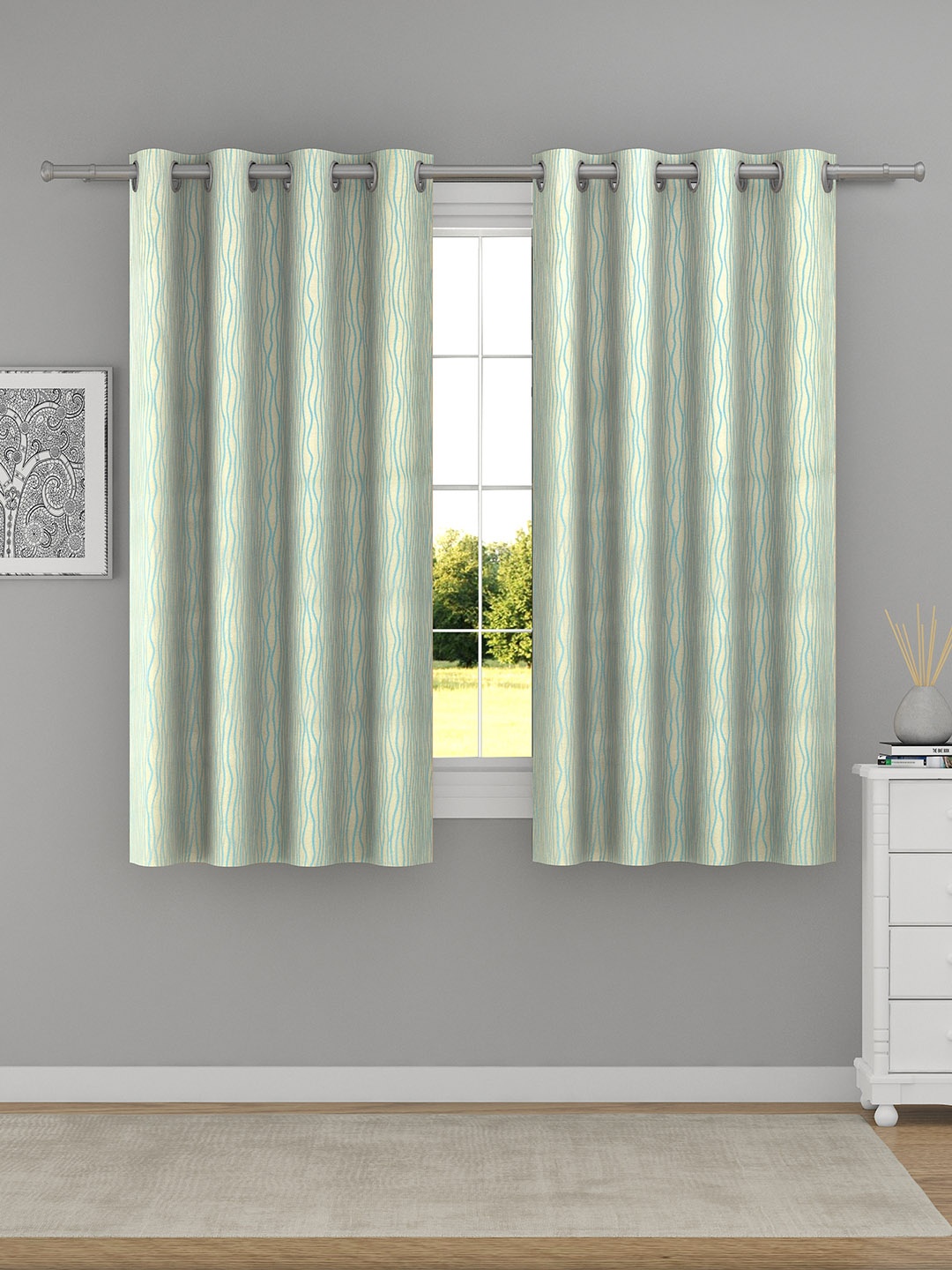 

Raymond Home Beige & Blue 2 Pcs Striped Woven Design Window Curtains