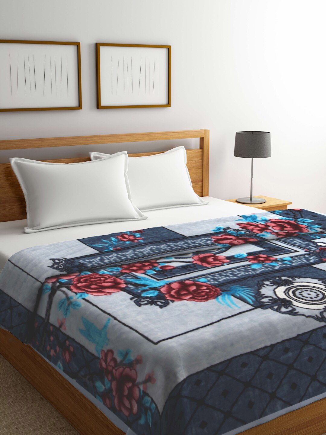 

KLOTTHE Blue Floral-Printed Woolen 1000 GSM Double Bed Size Blanket