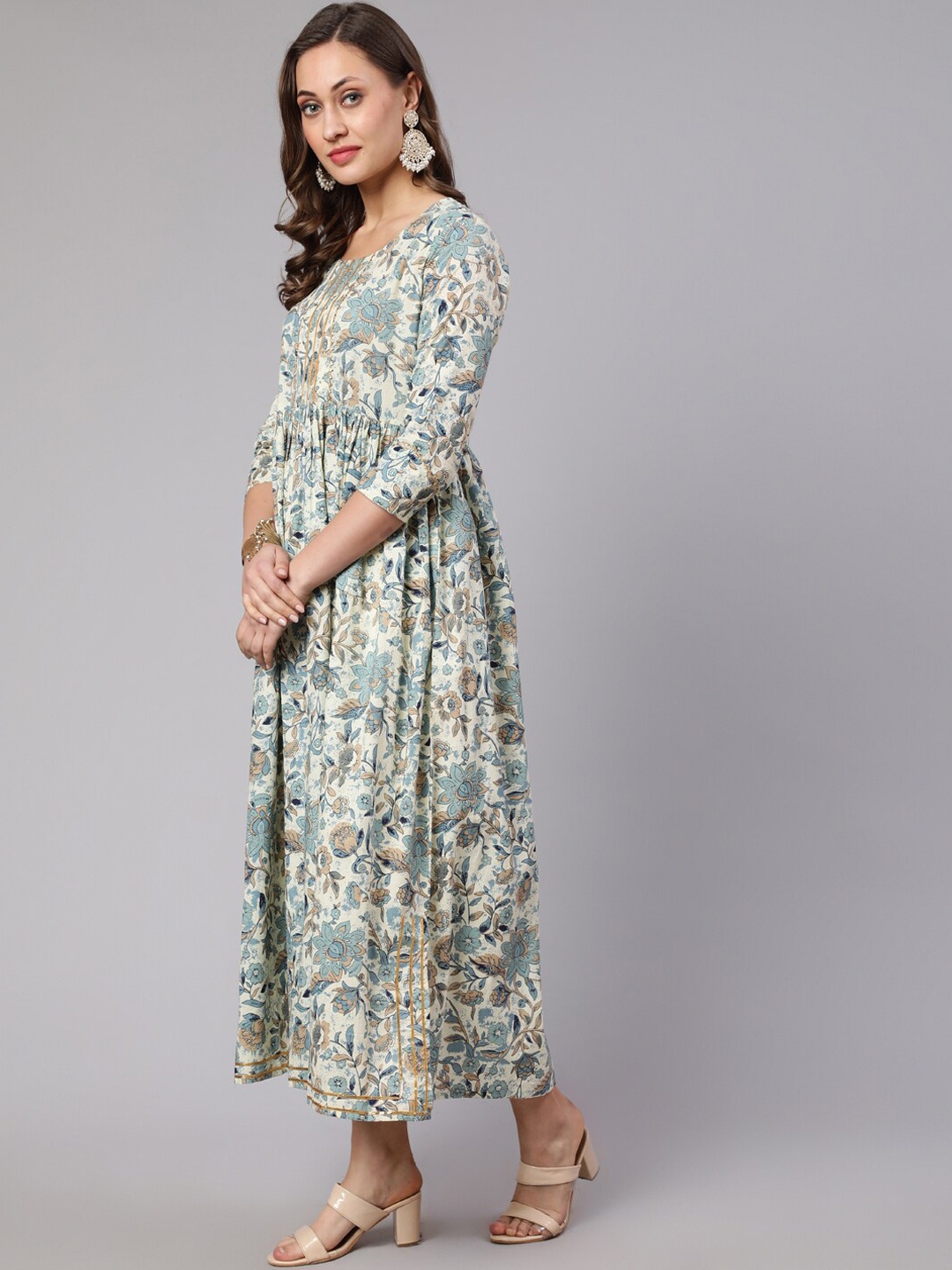 

WOMENCLICK Floral Printed Gotta Patti Pleated Cotton Anarkali Kurta, Beige