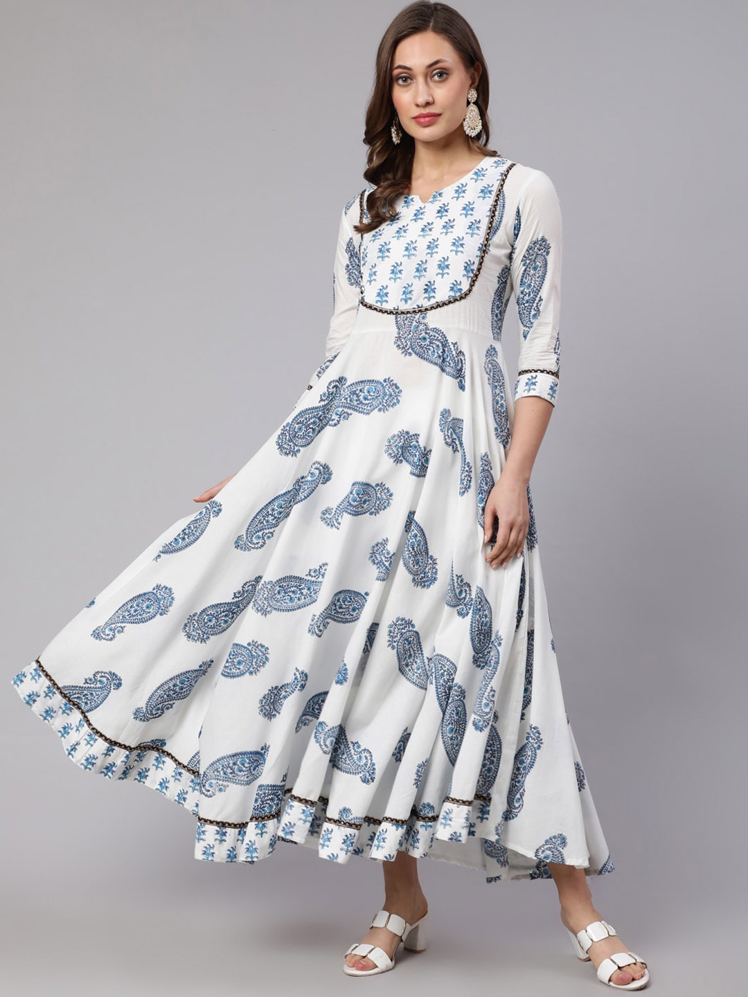 

WOMENCLICK Ethnic Motifs Printed A-Line Ethnic Dress, White