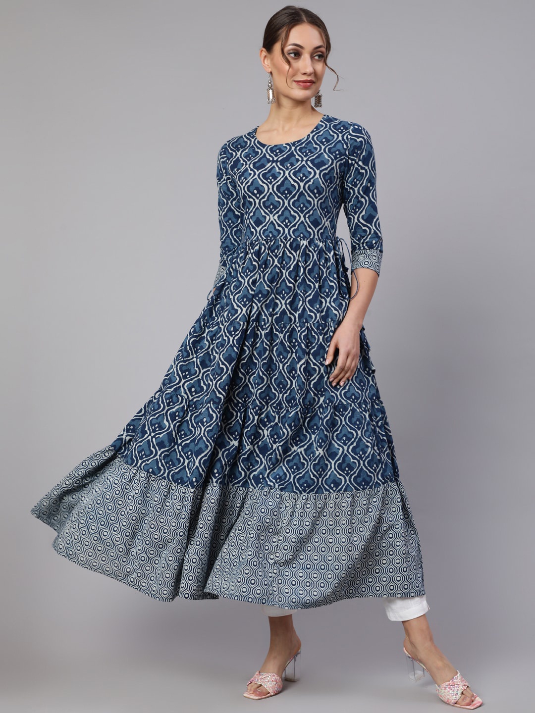 

WOMENCLICK Ethnic Motifs Printed Pure Cotton Anarkali Kurta, Blue