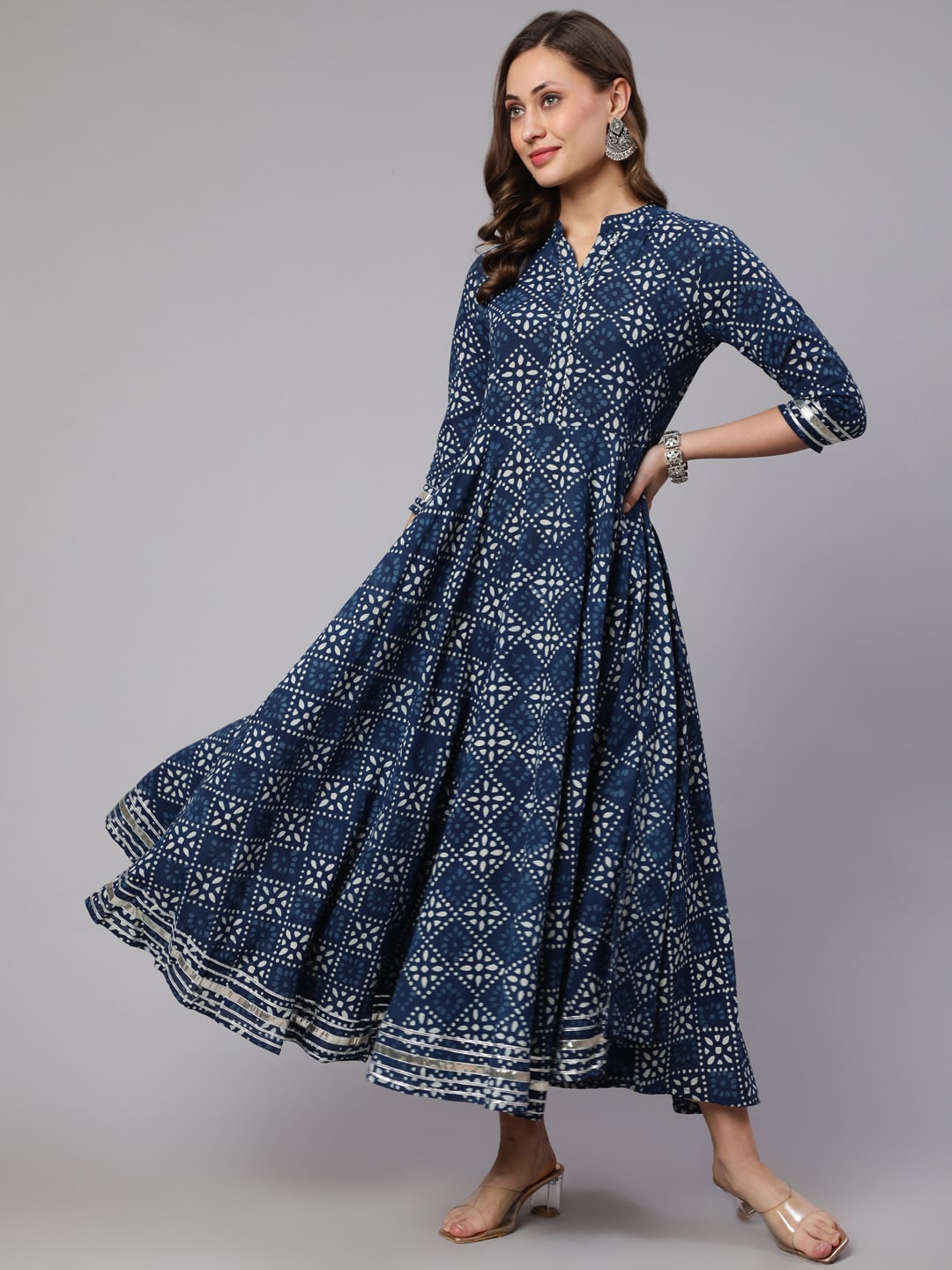 

WOMENCLICK Printed Band Collar Cotton Flared Anarkali Kurta, Blue