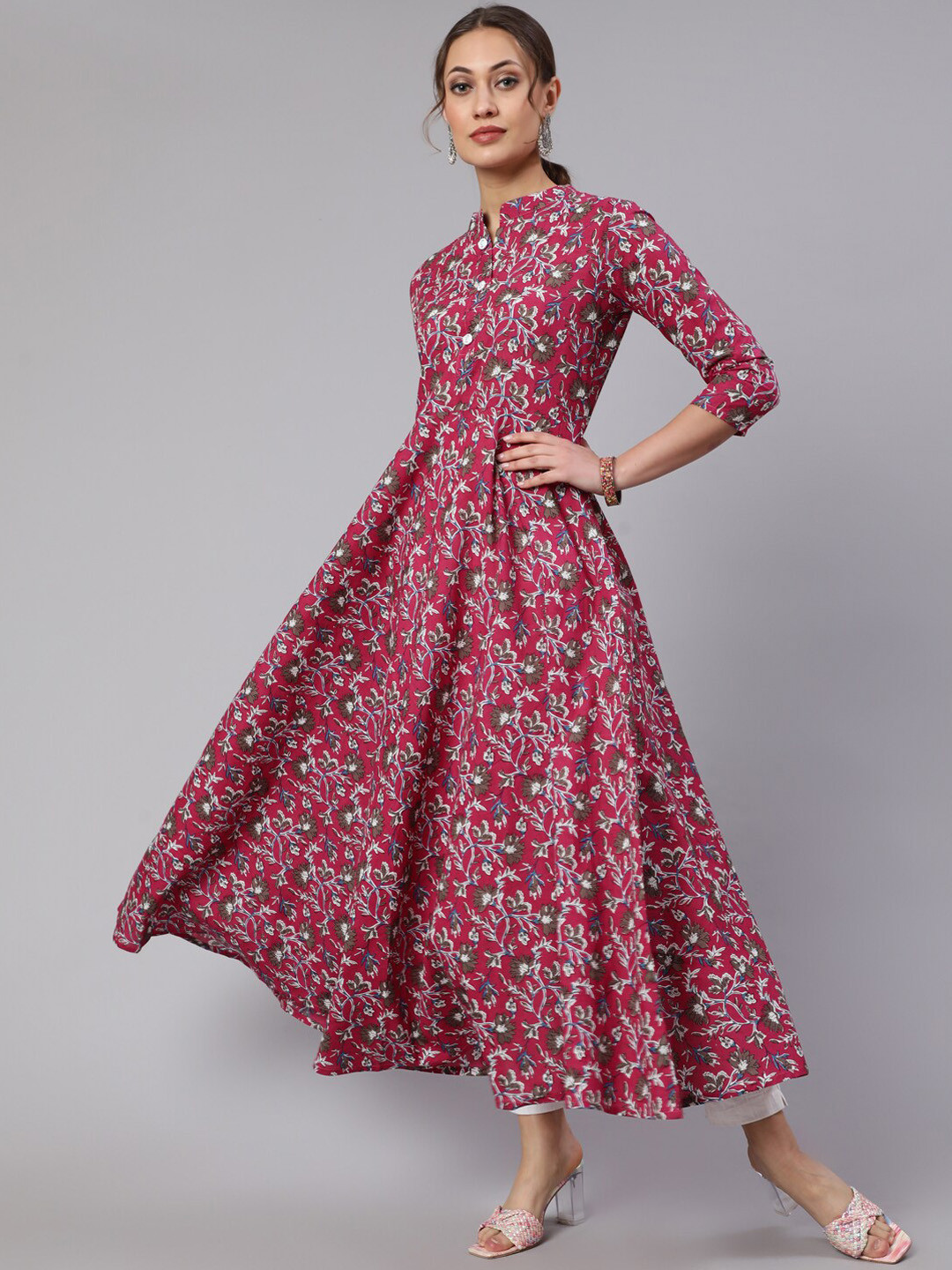 

WOMENCLICK Floral Printed Mandarin Collar Anarkali Cotton Kurta, Pink