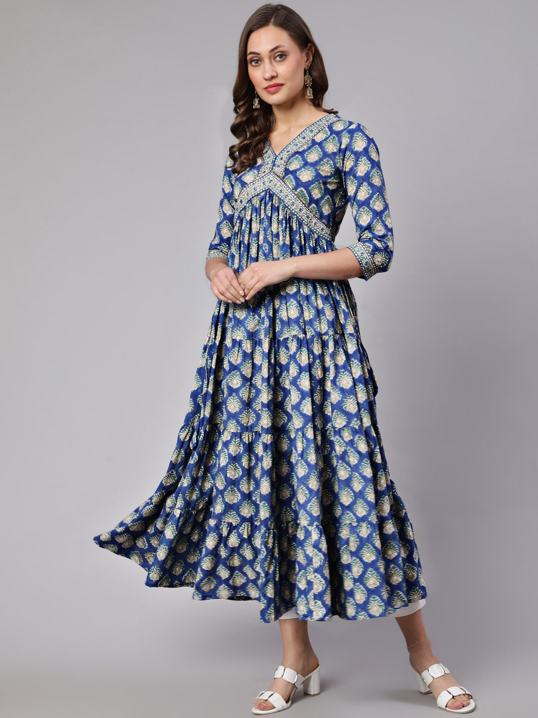 

WOMENCLICK Floral Printed Gotta Patti Pure Cotton Anarkali Kurta, Blue