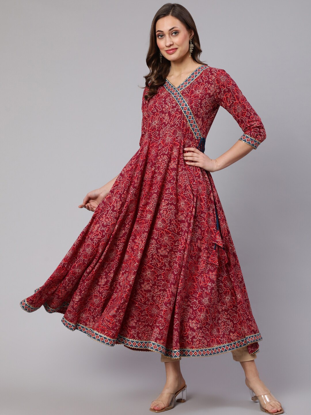 

WOMENCLICK Floral Printed V Neck Angrakha Cotton Kurta, Red