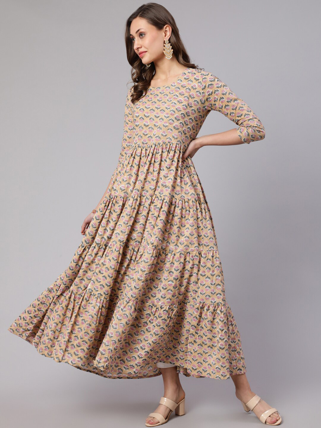 

WOMENCLICK Floral Printed Cotton Flared Anarkali Kurta, Beige