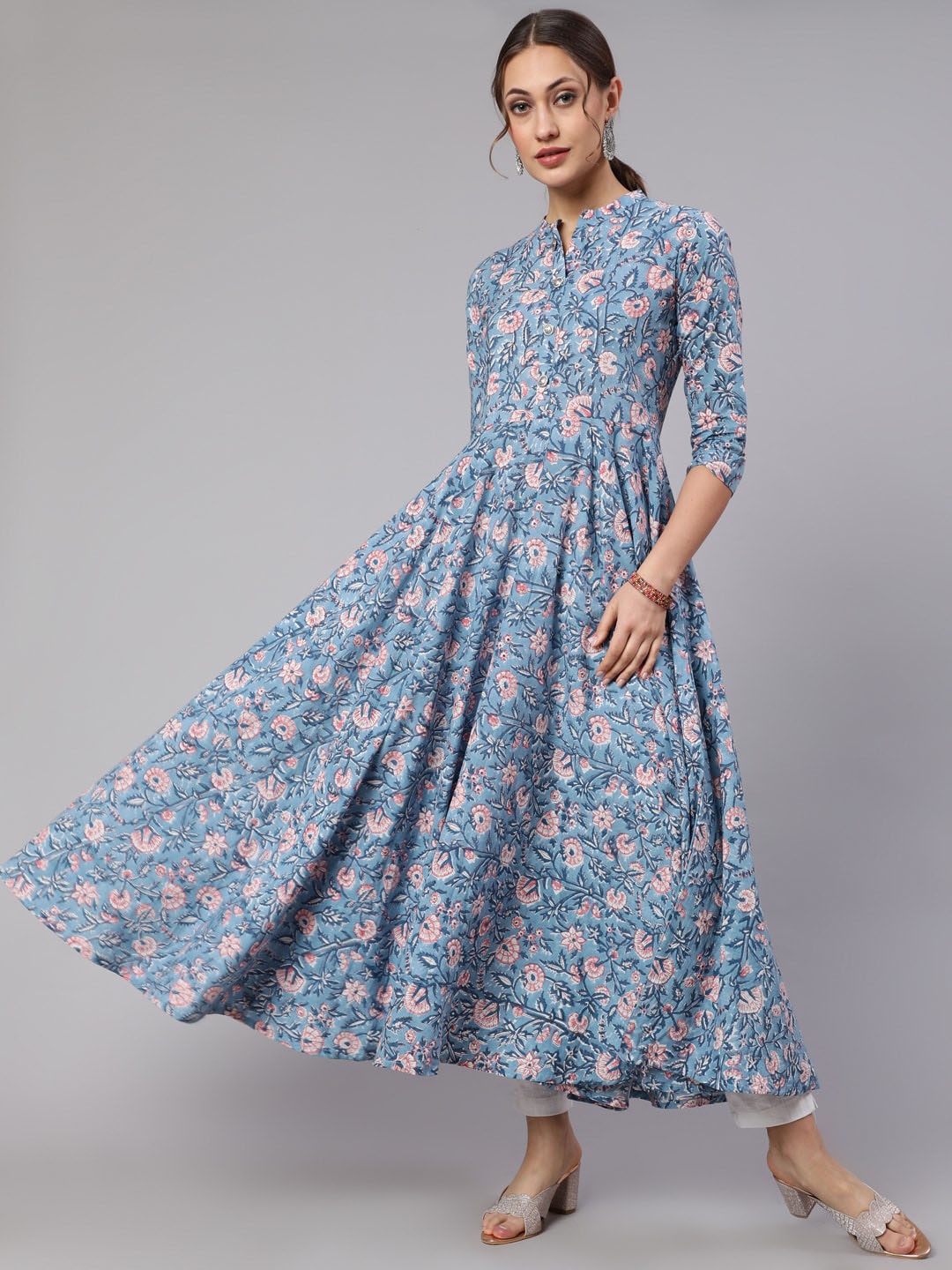 

WOMENCLICK Floral Printed Pure Cotton Anarkali Kurta, Blue