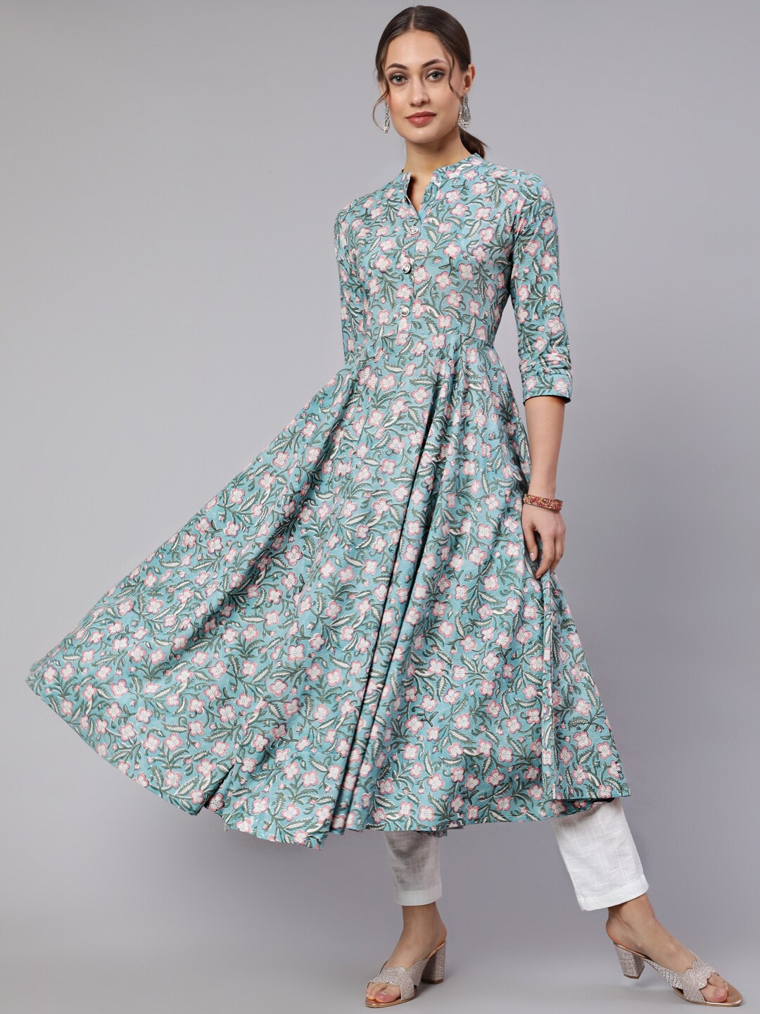 

WOMENCLICK Floral Printed Band Collar Cotton Anarkali Kurta, Blue