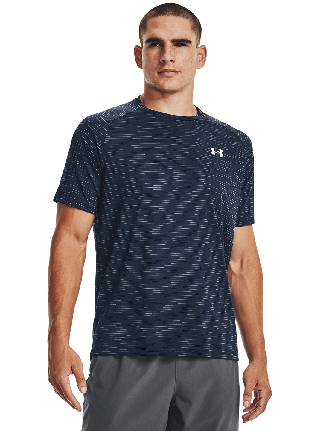 

UNDER ARMOUR Men Navy Blue Striped Loose T-shirt