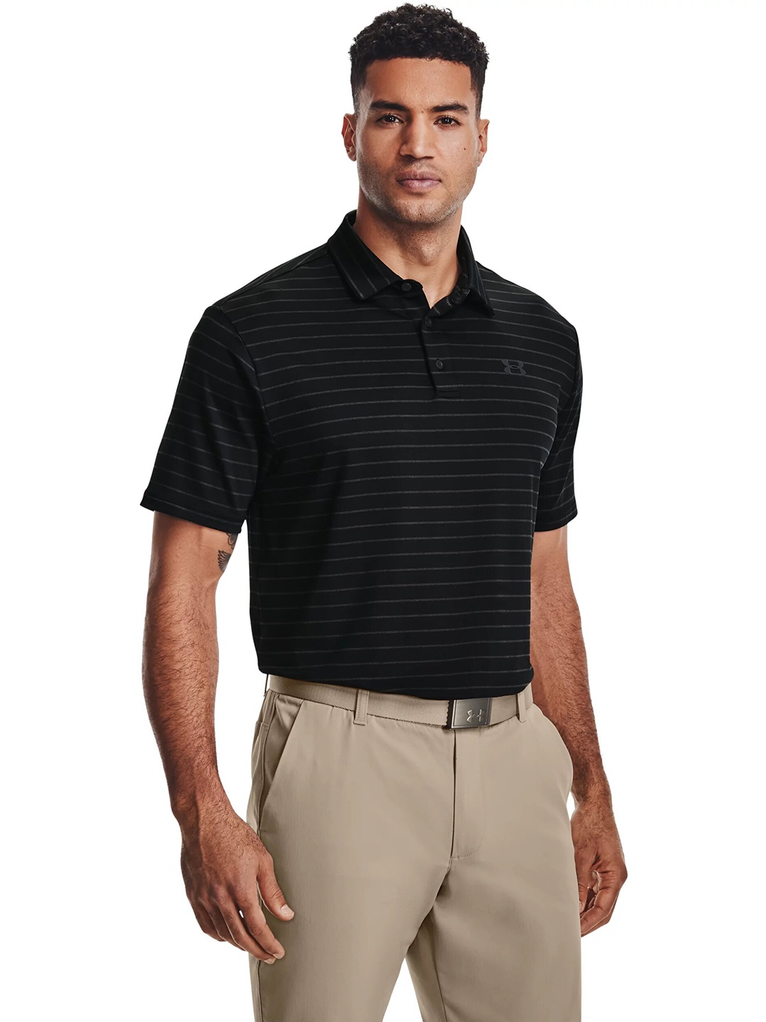 

UNDER ARMOUR Striped Polo Collar Loose T-shirt, Black