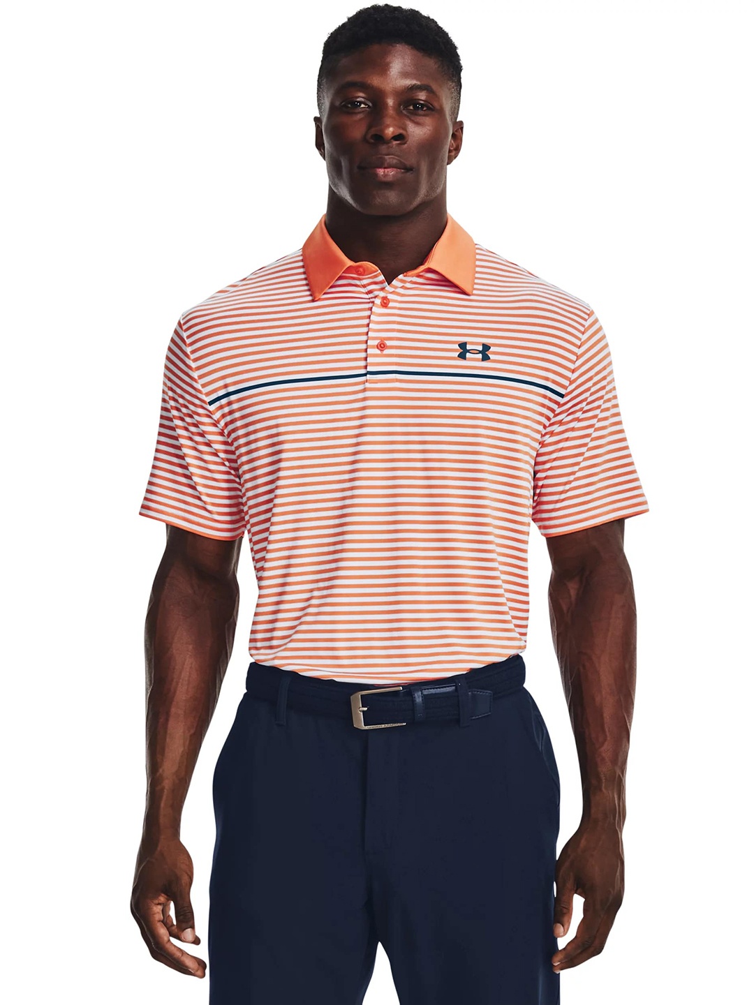 

UNDER ARMOUR Men Orange & White Striped Polo Collar Loose T-shirt