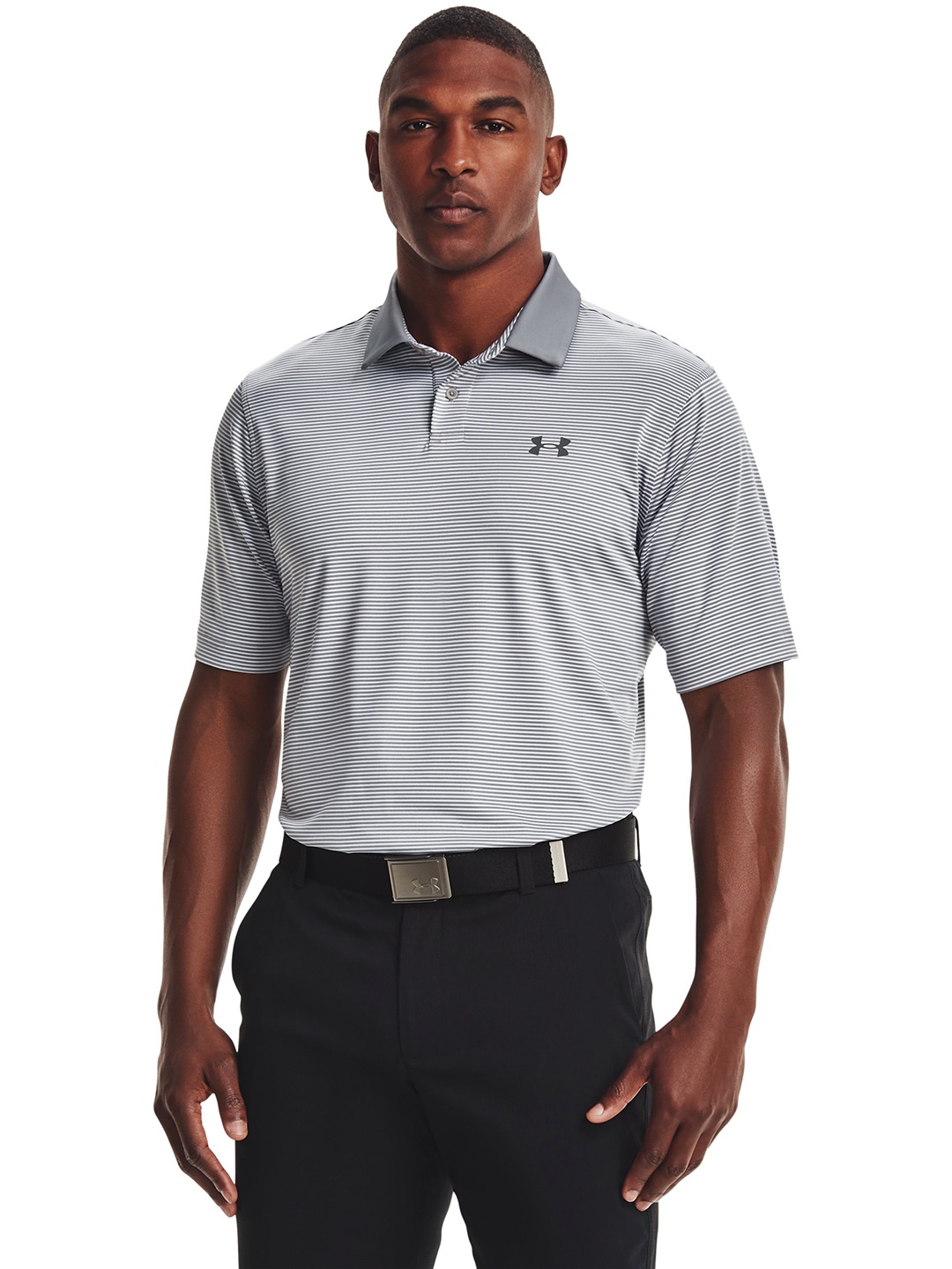 

UNDER ARMOUR Men Performance Stripe Polo Collar Loose T-shirt, Grey